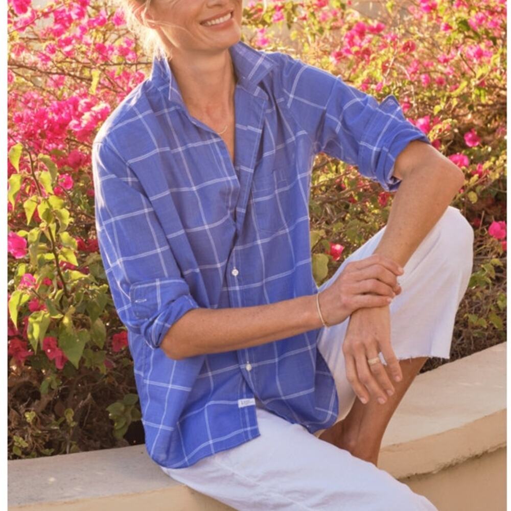Frank & Eileen | M | EILEEN Woven Blue With White Windowpane Button Up Shirt Top